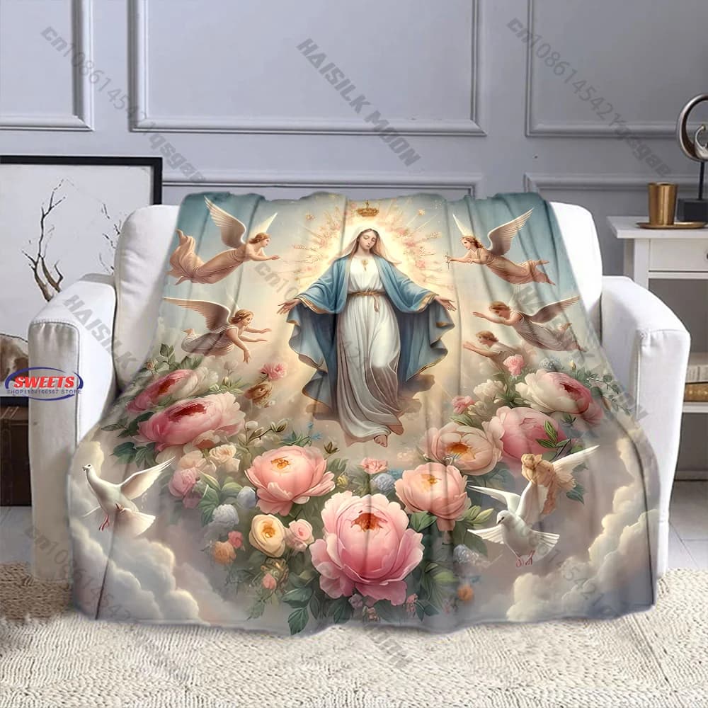 Coperta con stampa di fiori e angeli della Vergine Maria, coperta decorativa per divano, camera da letto, soggiorno, per bambini e adulti, in diverse misure, regalo squisito