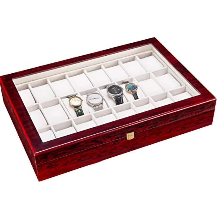 Espositore per Orologi in Legno a 24 Scomparti per Uomo e Donna, Scatola con Coperchio in Vetro, Organizzatore per Gioielli, Contenitore per Collezioni, Regalo 16