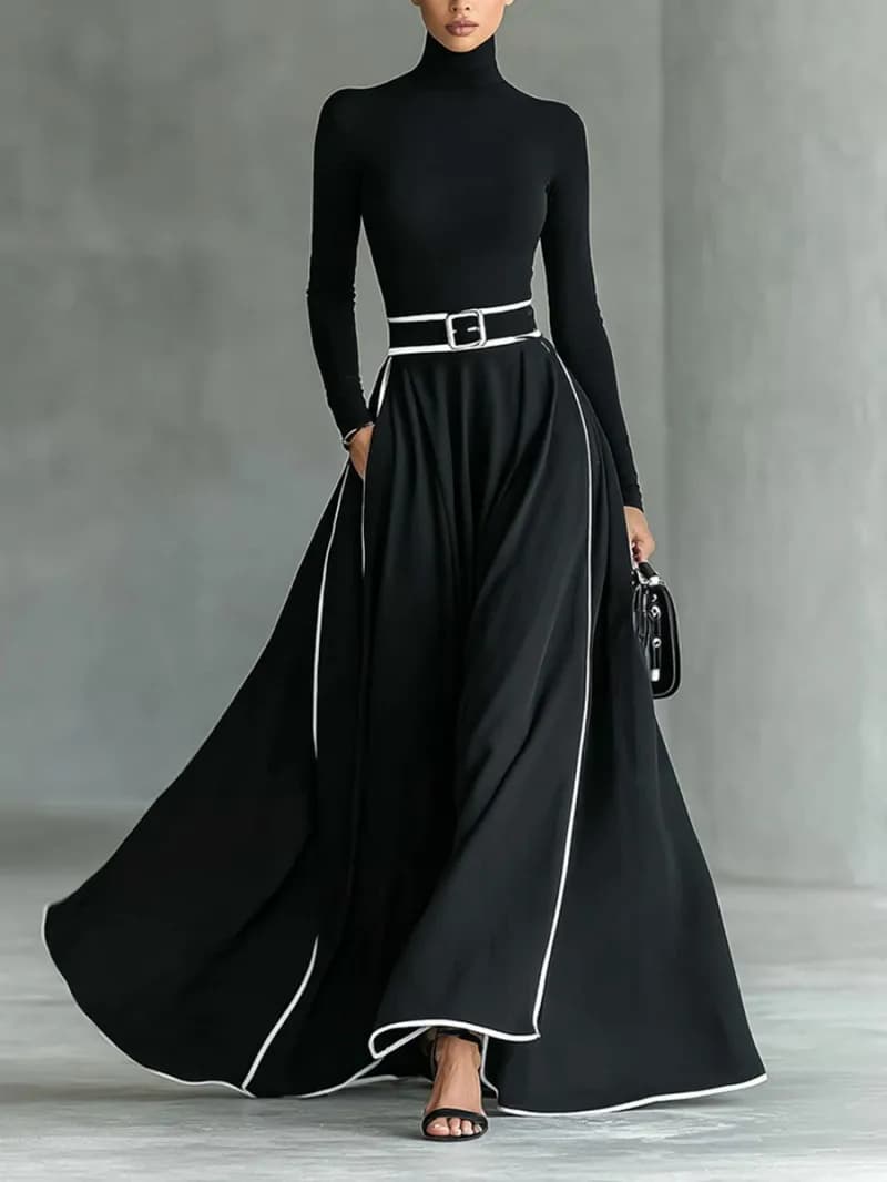 Abito lungo da donna elegante dolcevita con stampa a righe con tasche Cintura attillata Abiti con gonna lunga Abiti da festa da ufficio a maniche lunghe
