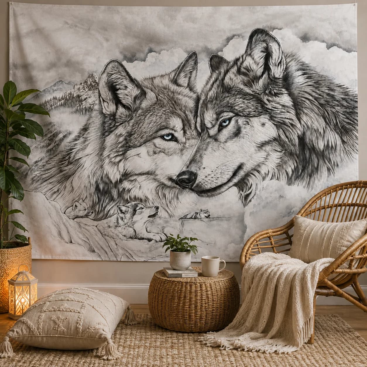 Wolf Family Sketch Tapestry Bedroom Wall Hanging, Party Photo Booth Backdrop, Live Broadcast Studio Shooting Background Cloth