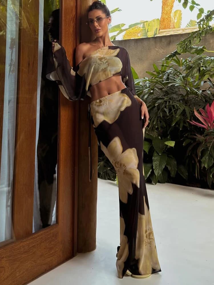 Kliou Set da 2 pezzi con stampa floreale Donna Colletto obliquo Manica intera Top con ombelico esposto + Gonne lunghe in vita elastica Abiti eleganti da vacanza