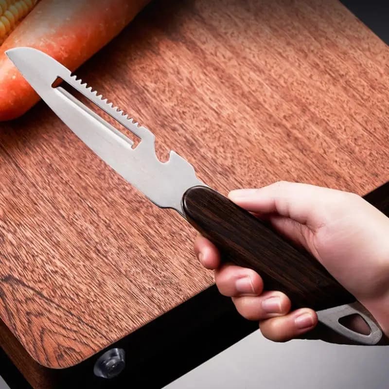 Coltello Pelapatate Dentellato 2-in-1 Premium con Manico in Legno e Apribottiglie, Utensile da Cucina