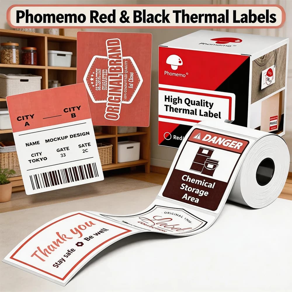 Etichette Adesive Termiche Rosse e Nere per Adesivi di Avvertimento, Etichette Fragili per Stampanti di Etichette Phomemo M421 M420