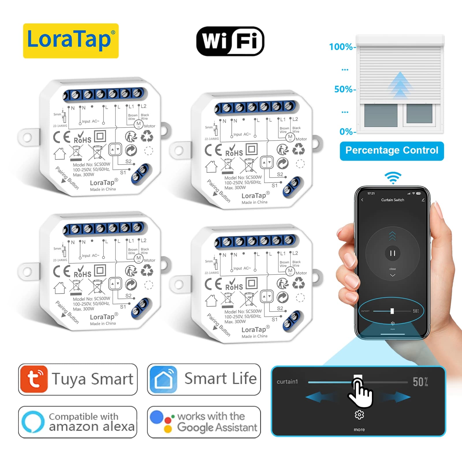 Tuya Smart Life 4a generazione interruttore per tende modulo tapparella porcentuale controllo vocale remoto tramite Google Assistant Alexa