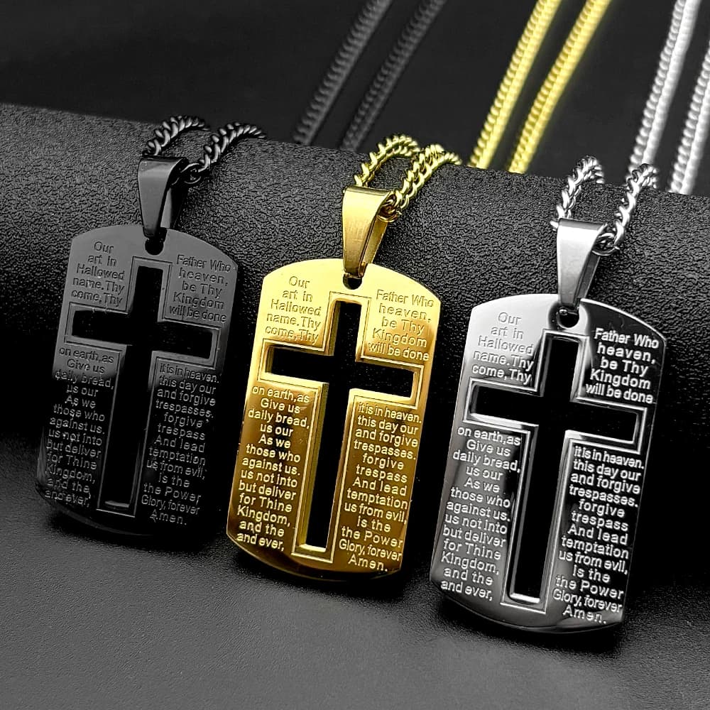 Christian Bible Cross Dog Tag Chain Necklace for Men Stainless Steel Pendant Necklace Religious Lord's Prayer Jesus Jewelry
