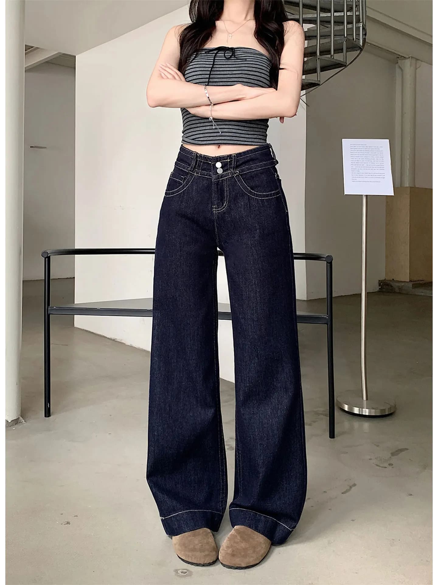 American Street Style High Waist Wide Leg Jeans Women's Summer Small Size Draping Slimming Straight Long Pants