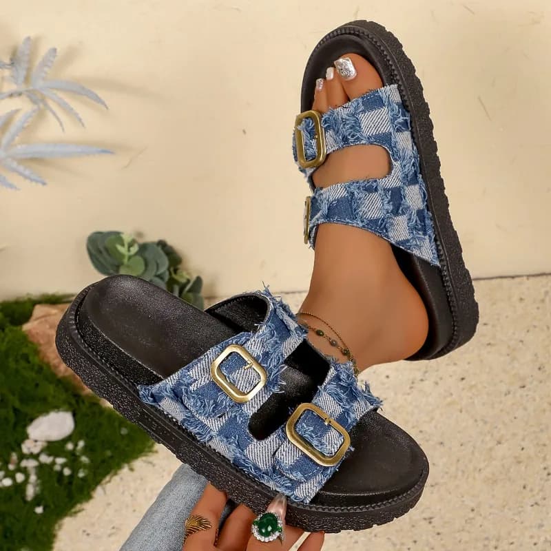 Women's Slippers Fashion Buckle Strap Check Design Casual Flat Sandals Women Summer Open Toe Hollow Comfortable Versatile Shoes