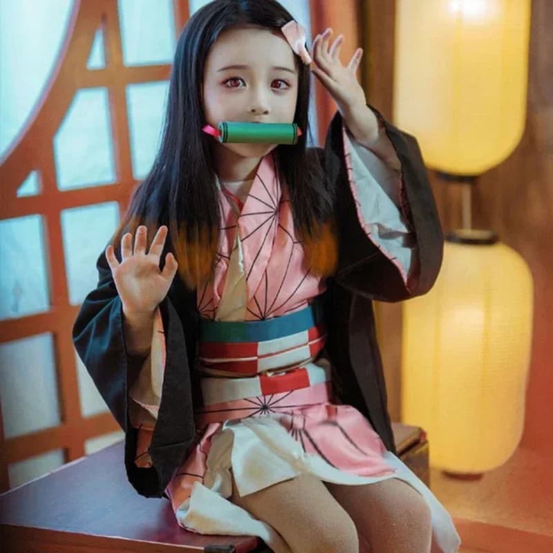 Anime Kamado Nezuko Costume Cosplay Demone Killer Kimetsu No Yaiba Costumi Kimono Haori Parrucca Zoccoli Vestito Per Bambini Adulti Hallow