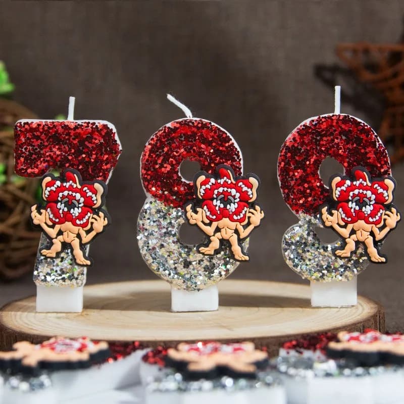 0-9 digital glitter birthday candle with devil flower shape, red and silver glitter cake decoration, themed birthday party