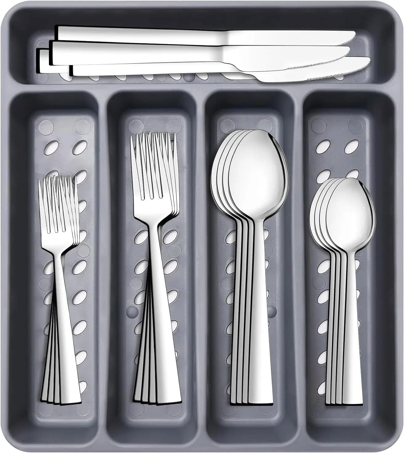 Set di posate da cucina da 21 pezzi con vassoio organizer, set di forchette, cucchiai e coltelli in acciaio inossidabile