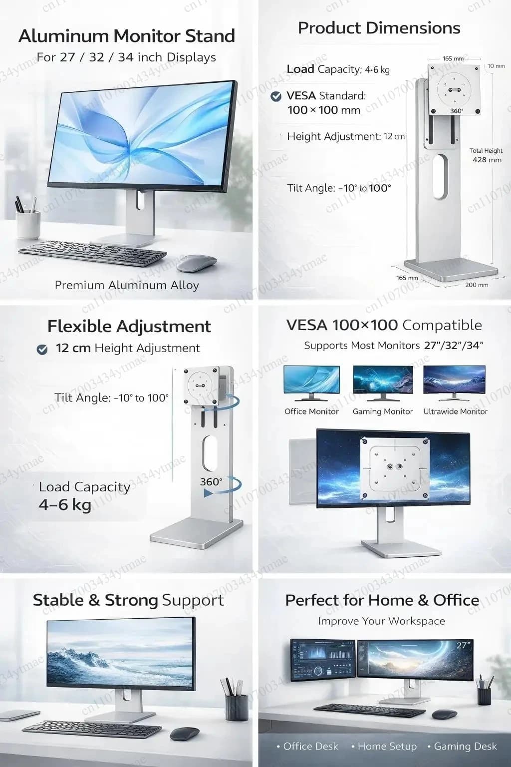 Aluminum Monitor Stand VESA 100x100 Height Adjustable Fixed Mount for 27 32 34 Inch Desktop Screen