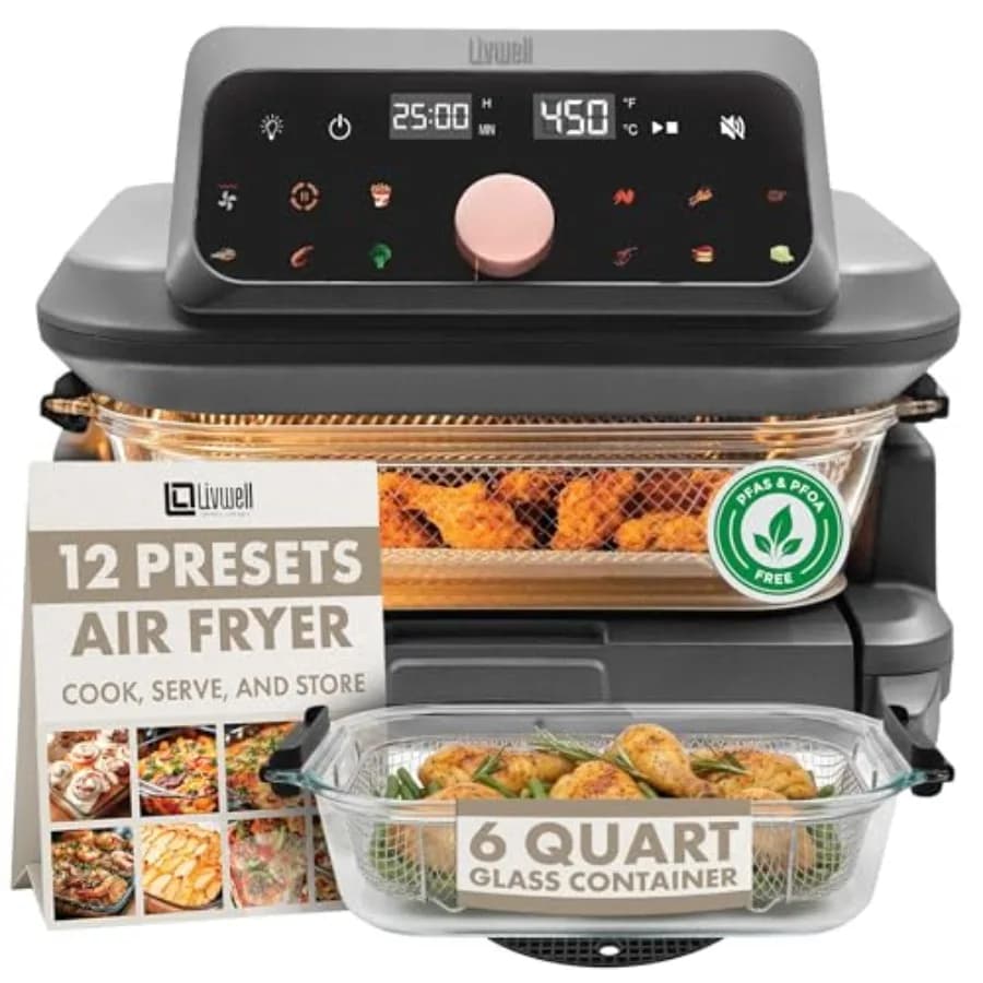 Friggitrice ad Aria da 6 Litri in Vetro con Coperchio a Cassetto Estraibile - Senza PFOA e PFAS, 12 Programmi Preimpostati, Lavabile in Lavastoviglie, Formato Famiglia per Piatti Singoli