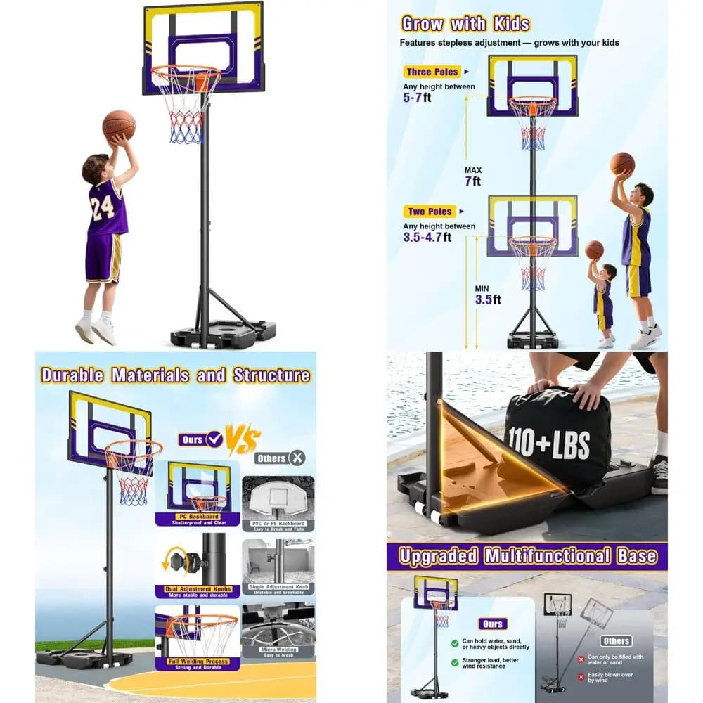 Adjustable height portable basketball basket for children, 3.5-7 feet, suitable for outdoor games and driveway