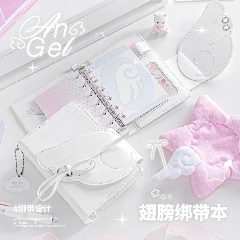A7 PU Leather Tri-fold Binder Journal Angel Wings Design Cute Notebook for School Girls Stationery Kit