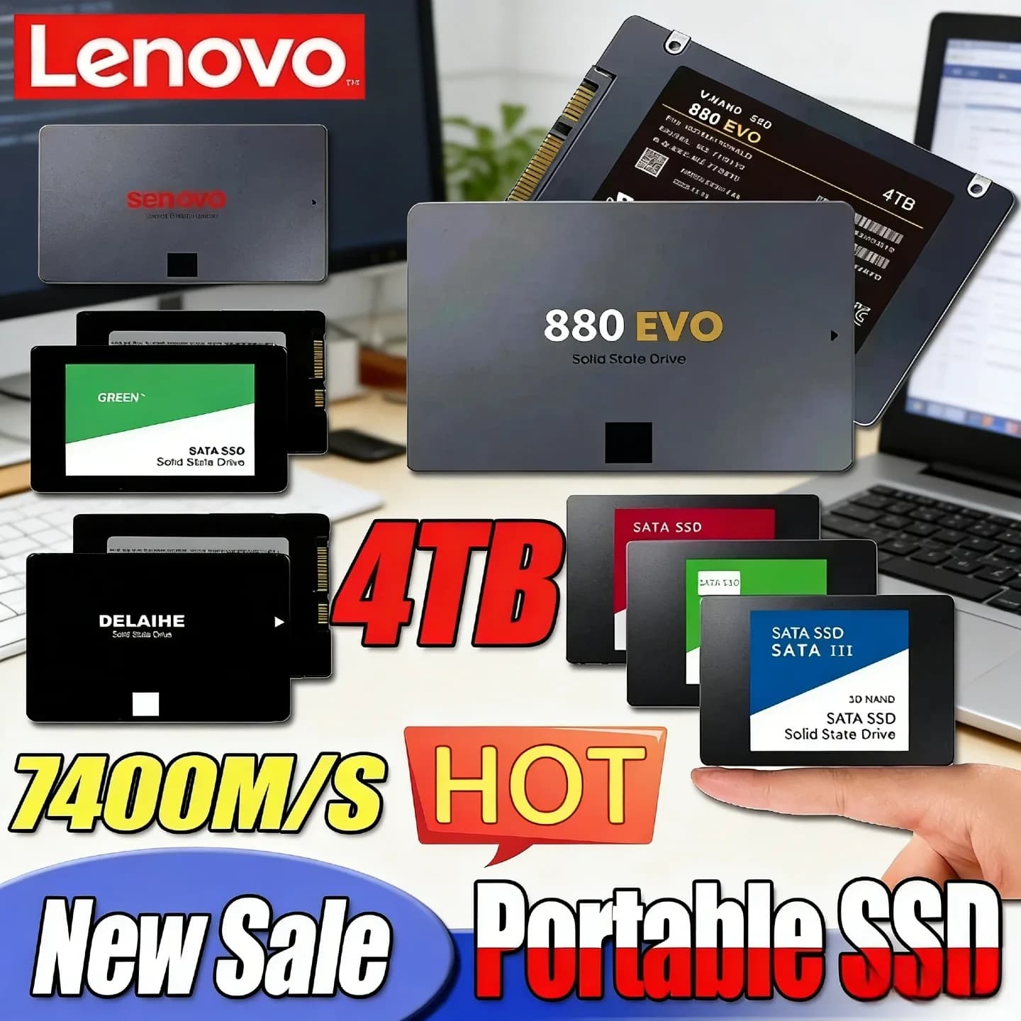 Disco rigido esterno SSD Lenovo da 4 TB per disco rigido interno, interfaccia SATA 3, unità a stato solido portatile ad alta velocità per laptop