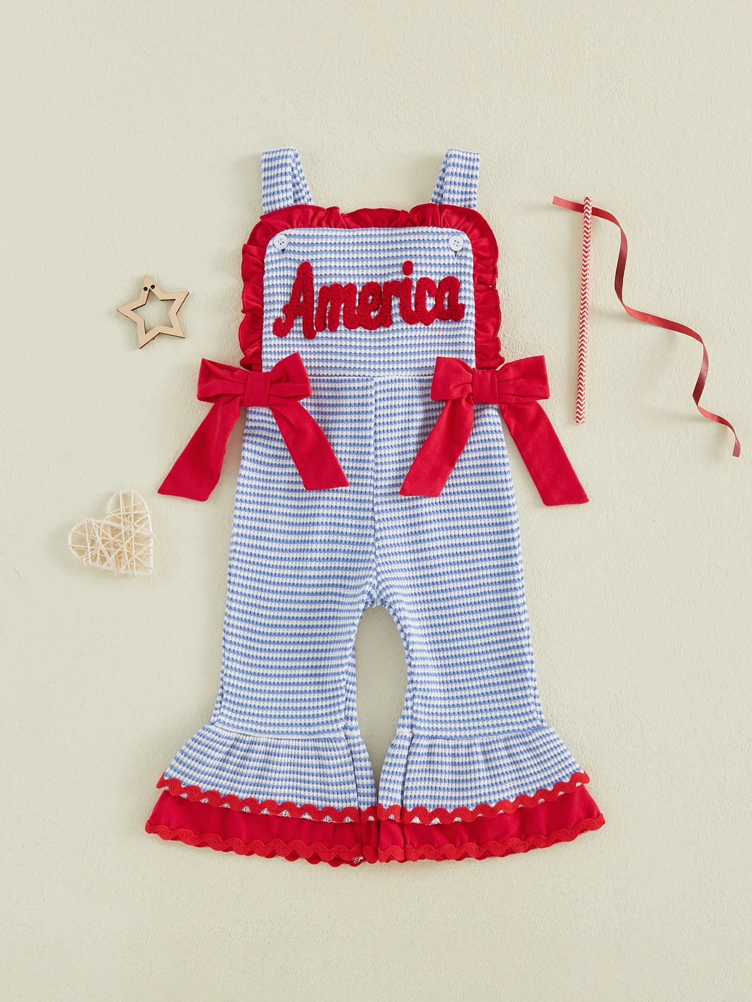 Girls Patriotic Stars and Stripes Denim Overall Dress with Bow Detail and Embroidered American Flag Patch - Fourth of July