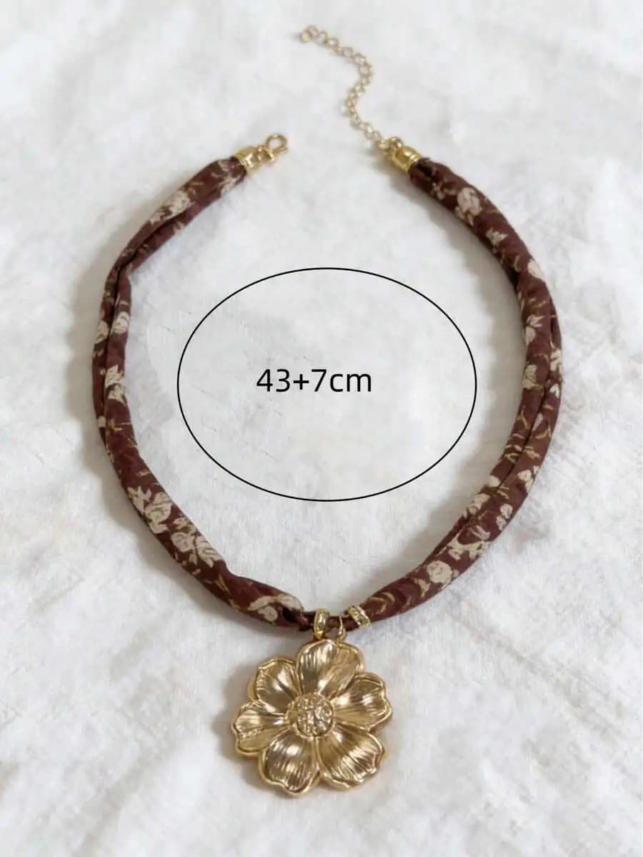 Floral Print Fabric Choker Necklace With Flower Pendant Daily Accessory For Women