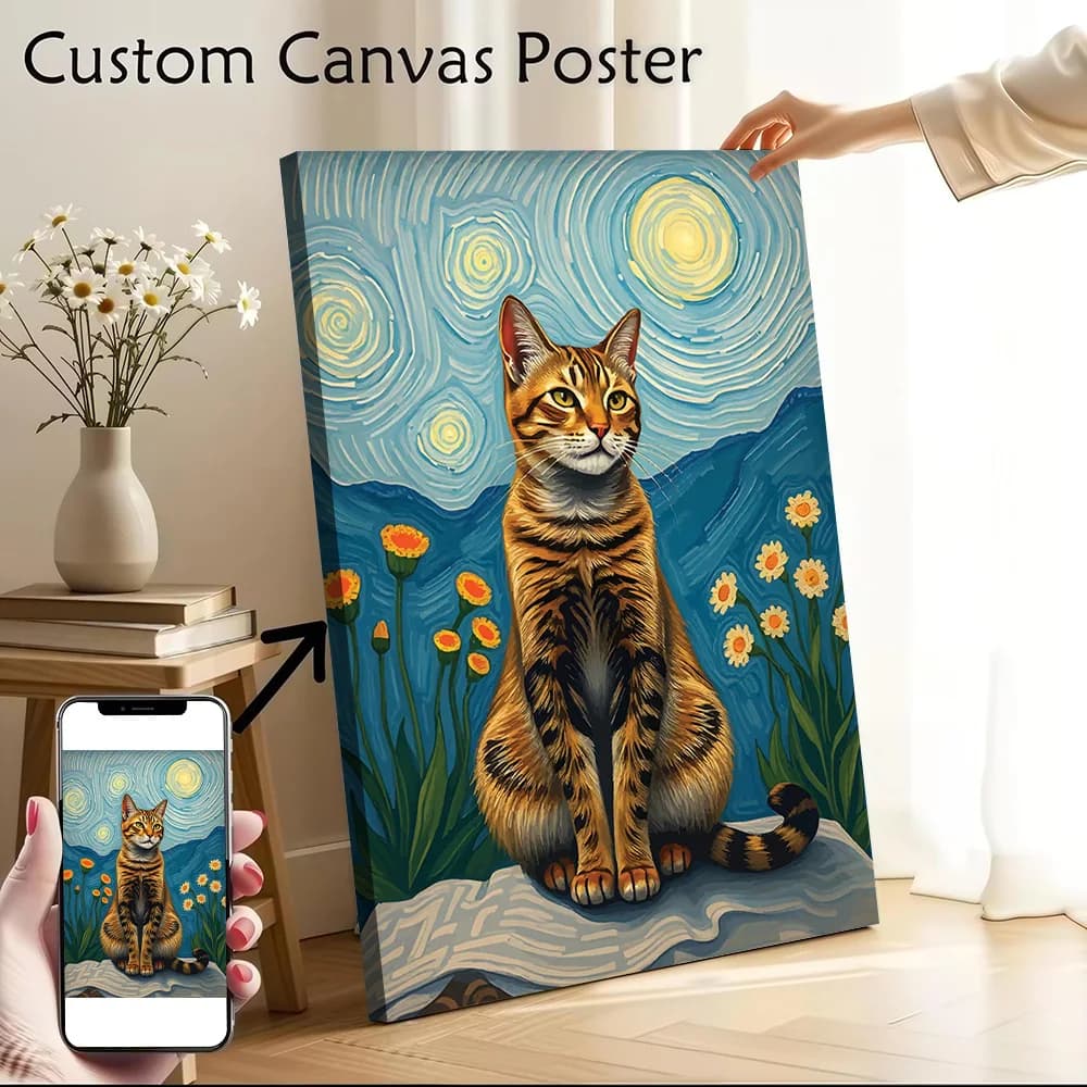 Cat in Starry Night Van Gogh Printed Canvas Poster Personalized High Quality Wall Art Paintings for Home Decor Ornaments Bedroom