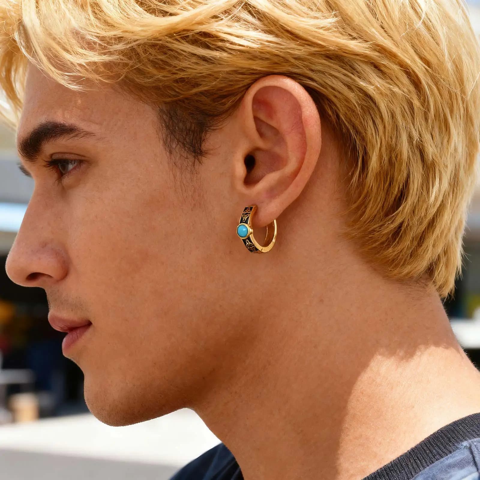 Vintage Celtic Knot Natural Stone Turquoise Hoop Earrings for Men,Stainless Steel Huggies Earrings, Waterproof Punk Jewelry Gift