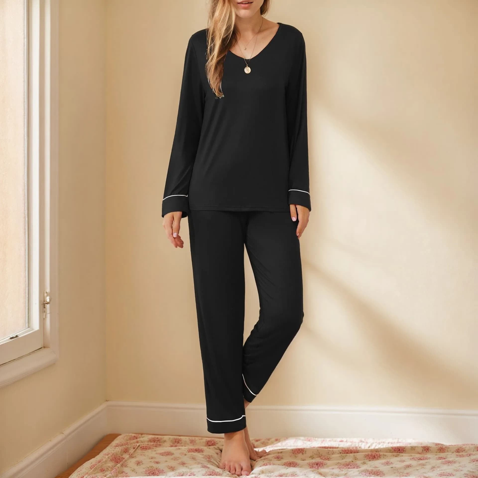 Autumn Winter Solid color Homewear Women's pajamas Set Long sleeve pants 2 pieces Silk set with V neck