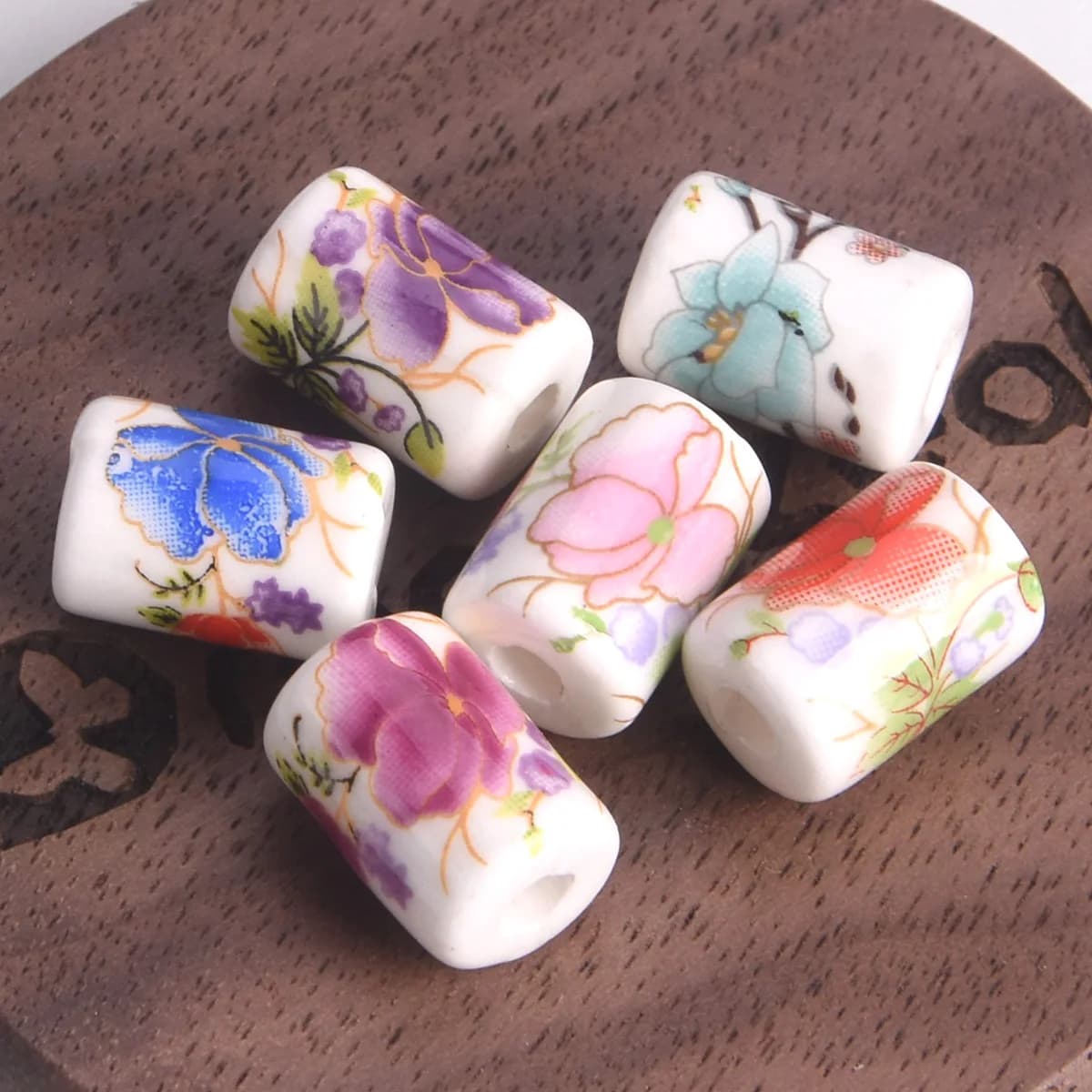 10 pezzi di perline in ceramica e porcellana a forma di cilindro con motivi floreali, 12x9 mm, per la creazione di gioielli e lavori fai da te.