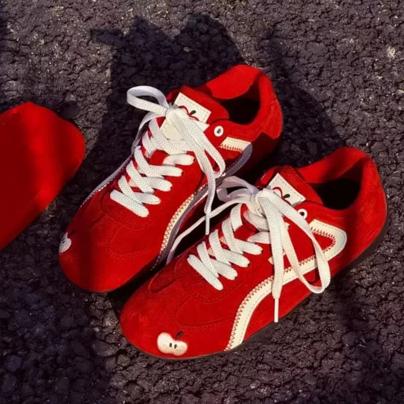 Red Retro German Trainers Women Cute Bite Fruit Embroidery Sneakers Non Slip Walking Flats Y2K Daily Casual Footwear Girls
