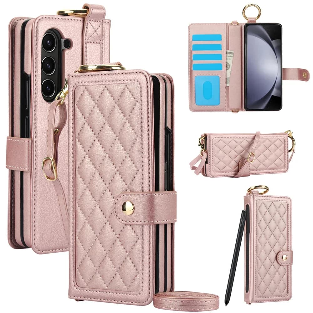 Custodia in pelle con slot per schede con blocco RFID con portapenne per Samsung Galaxy Z Fold 7 6 5 4 3 Custodia per telefono a portafoglio a tracolla (senza penna)