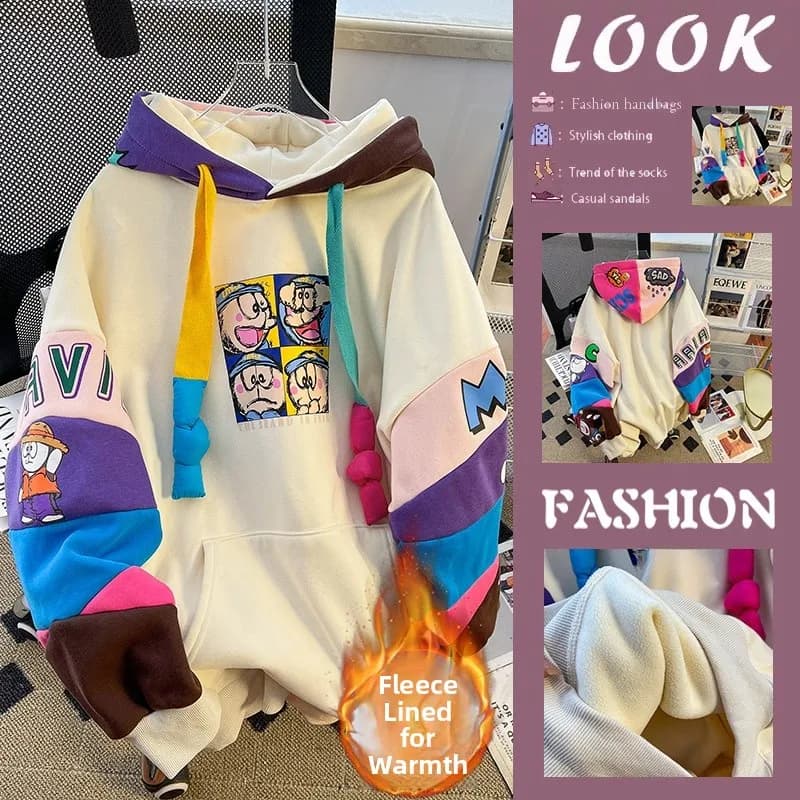Trendy Color Block Hoodie Women's Loose Thickened Fleece Long Sleeve Warmth Commute Style Korean Version Printed Casual Top