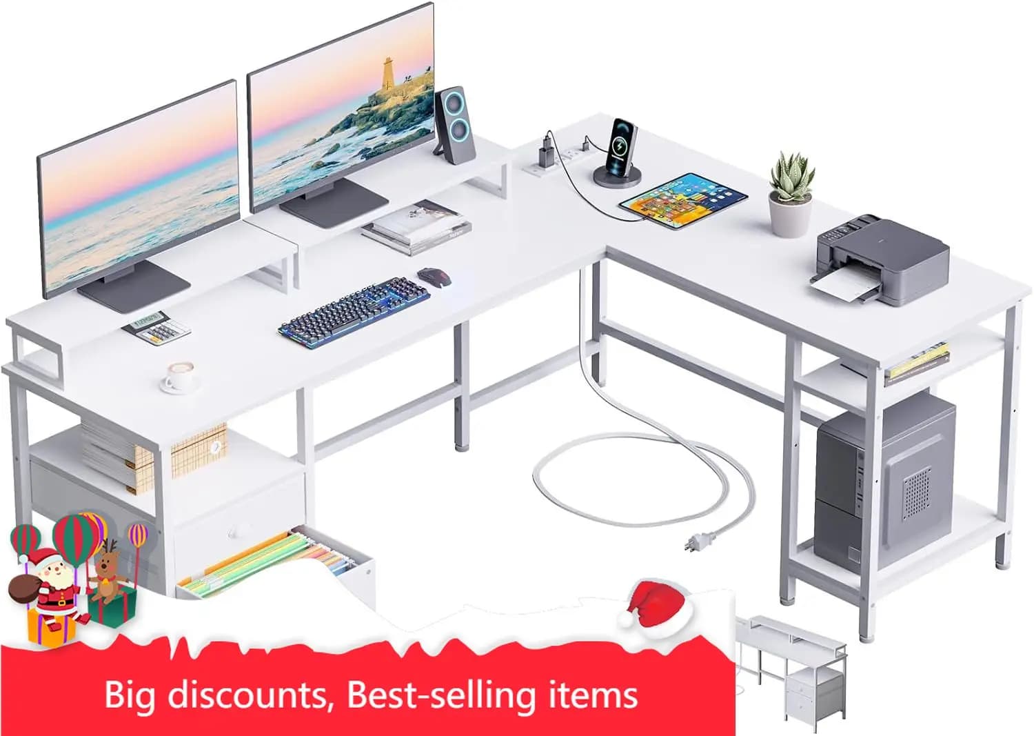 66 inch L desk with power outlet, reversible gaming desk with document drawer and 2 supports for home office monitor with chair