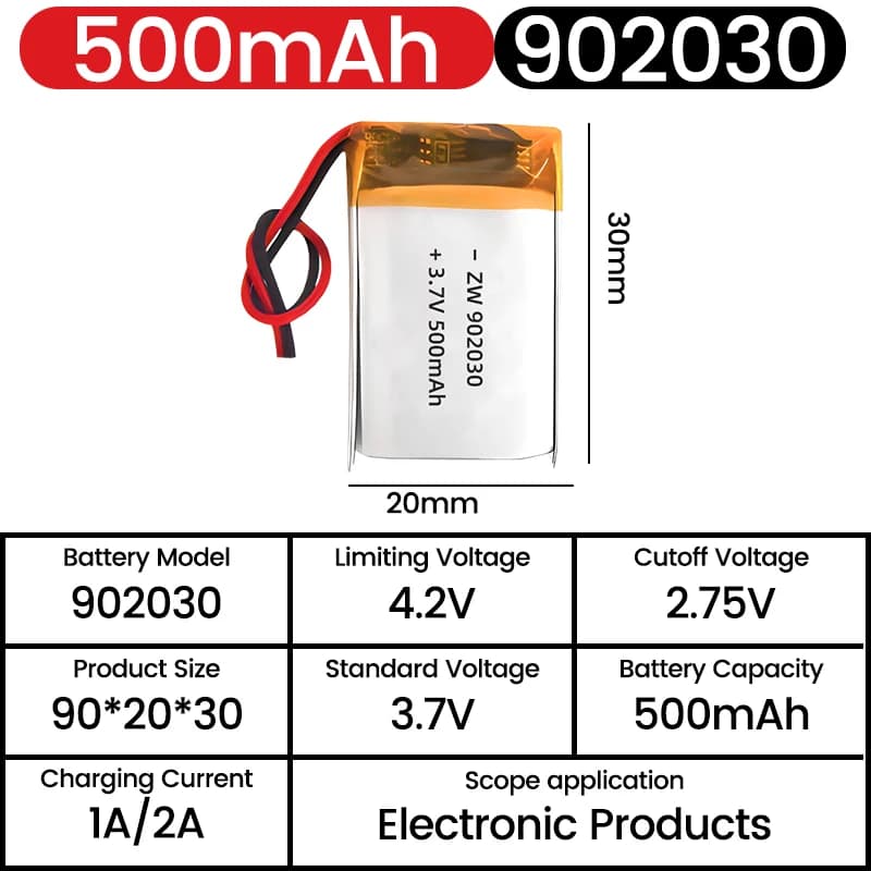 902030 Batteria agli ioni di litio ai polimeri di litio da 500 mAh 3,7 V + scheda di protezione PCB per cuffie Bluetooth per strumenti di bellezza