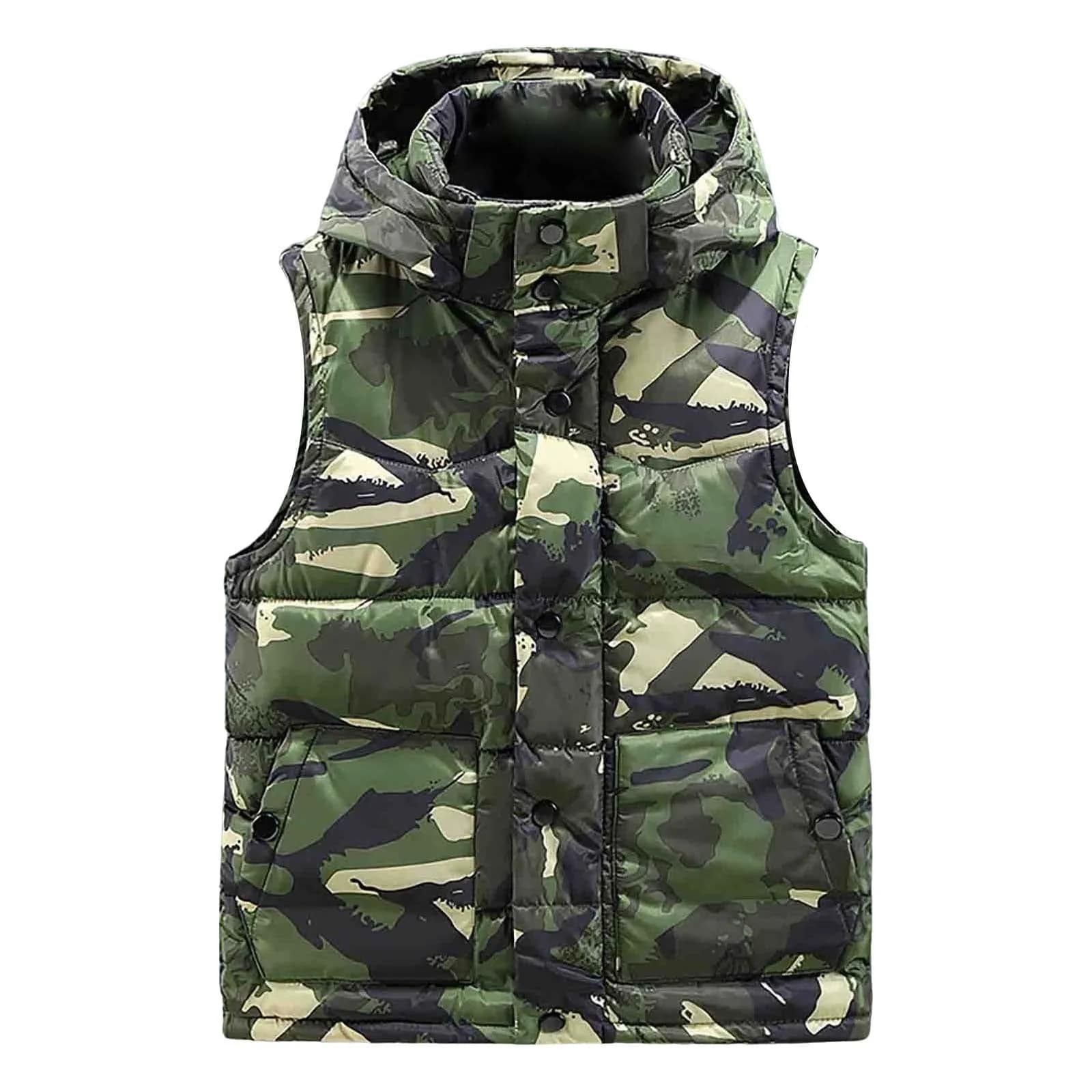 Capispalla mimetico di tendenza invernale da uomo Gilet di cotone spesso allentato Tasche multiple Giacca casual con cappuccio tinta unita