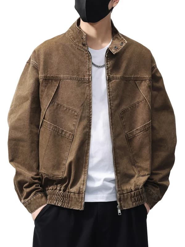 Spring 2026 Loose Fit Pure Cotton Stand Collar Vintage Pilot Denim Jacket Men Casual Workwear Top Youth Straight Body Fit