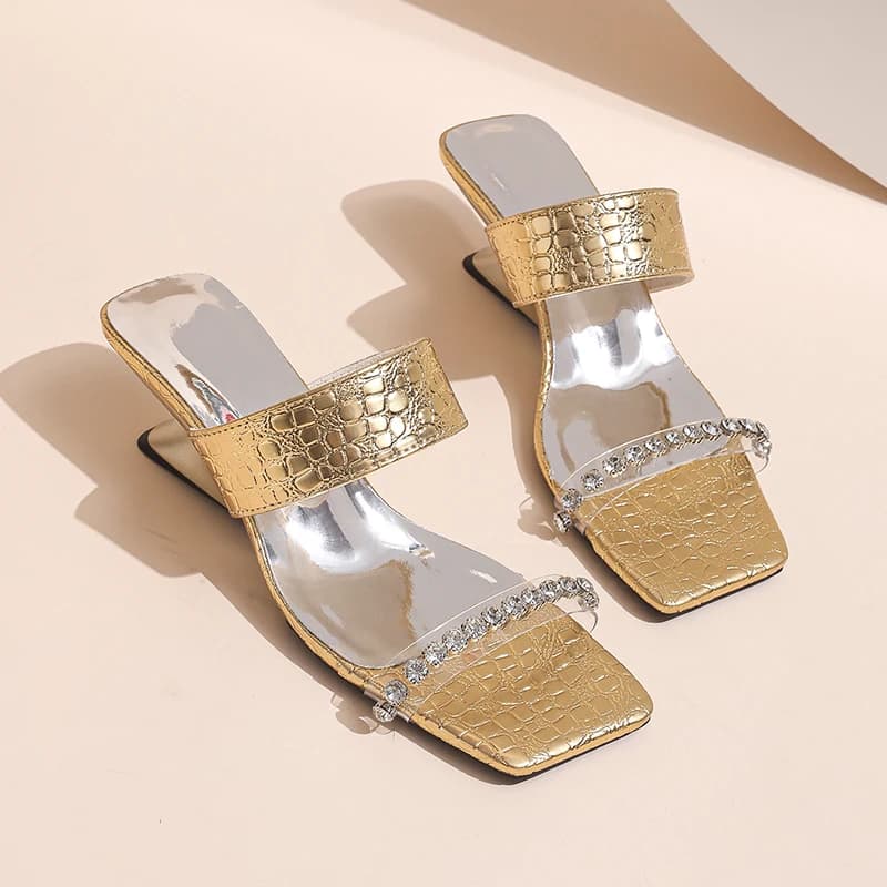 Women's New Summer Rhinestone Sandals High heels with Square Toe Open flip flops with Abnormals
