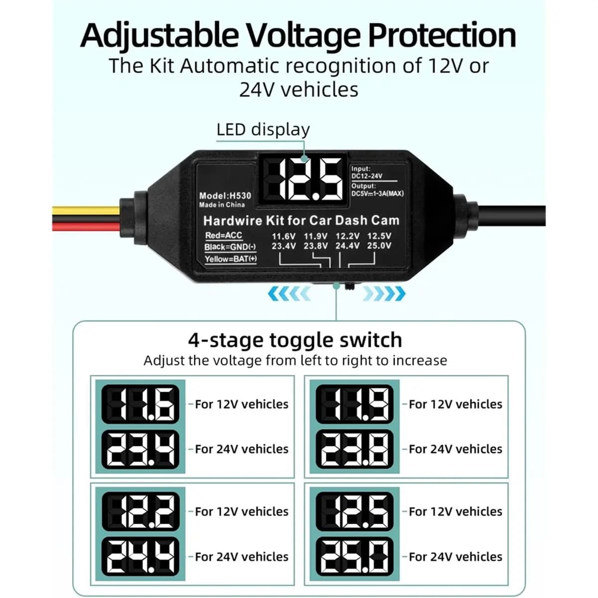 2026 NEW Dash Cam Hardwire Kit,12V-24V to 5V/3A USB C Dash Camera Hardwire Kit with Digital Display and Low Voltage Protection