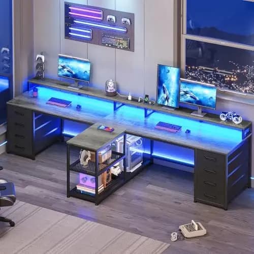 94.5" 2 Person Gaming Desk, Long Office Computer Desk with 8 Drawers & LED Lights, Two Person Desk with Storage, Power