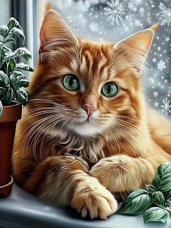 DIY Long Fluffy Orange Cat Green Eyes Winter Snow Window Potted Plant Diamond Painting, Living Room Bedroom Wall Decor & Gift