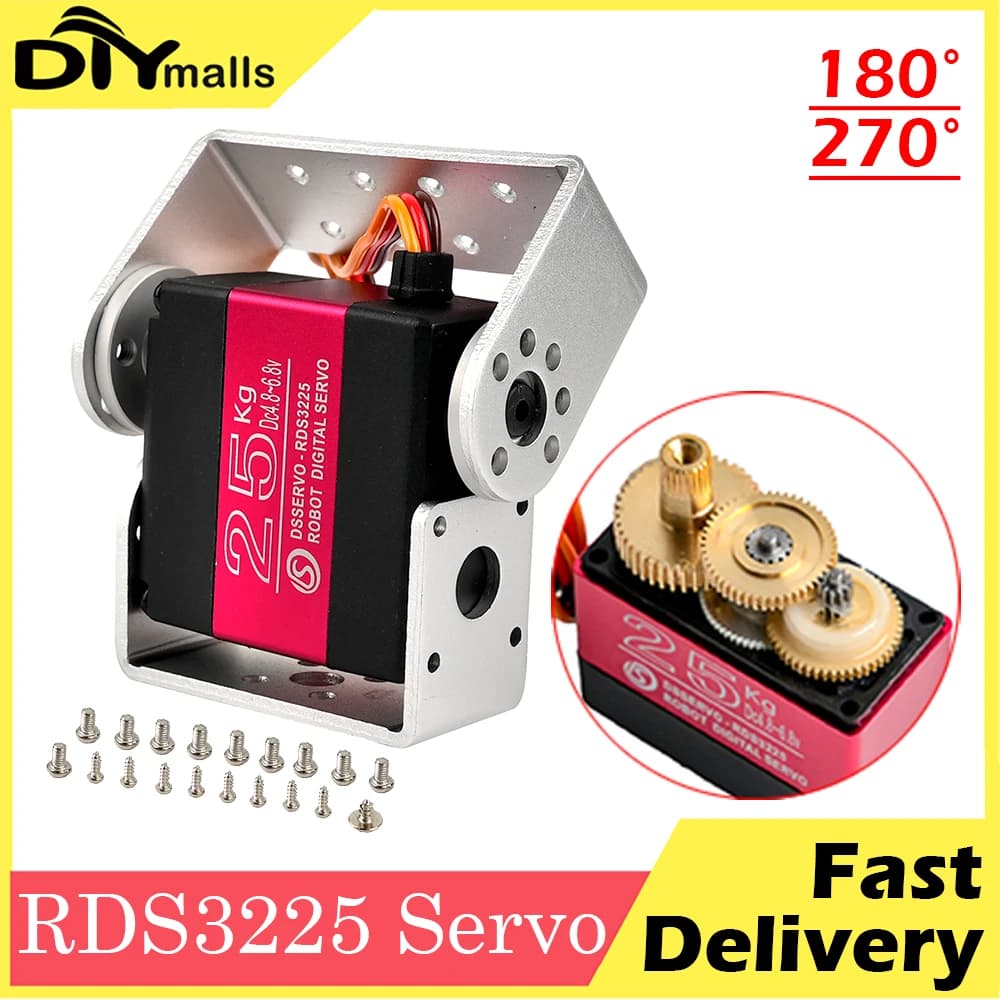Servo robotico digitale con ingranaggi metallici RDS3225 da 25 kg 180 270 gradi a doppio albero impermeabile IP66 con montaggio a U lungo e corto