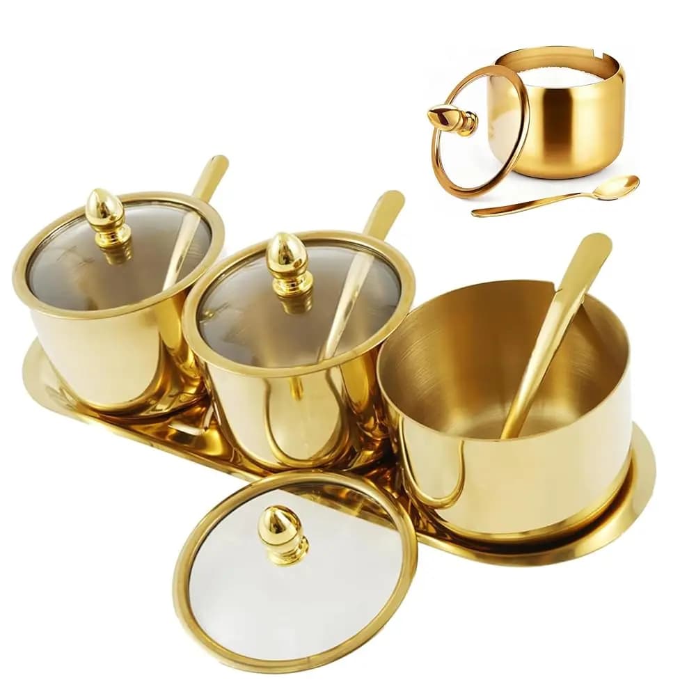 Set Zuccheriera - 3 Barattoli per Condimenti con Coperchi in Vetro e Cucchiaio, Contenitori Riutilizzabili in Acciaio Inox con Vassoio per Zucchero, Spezie