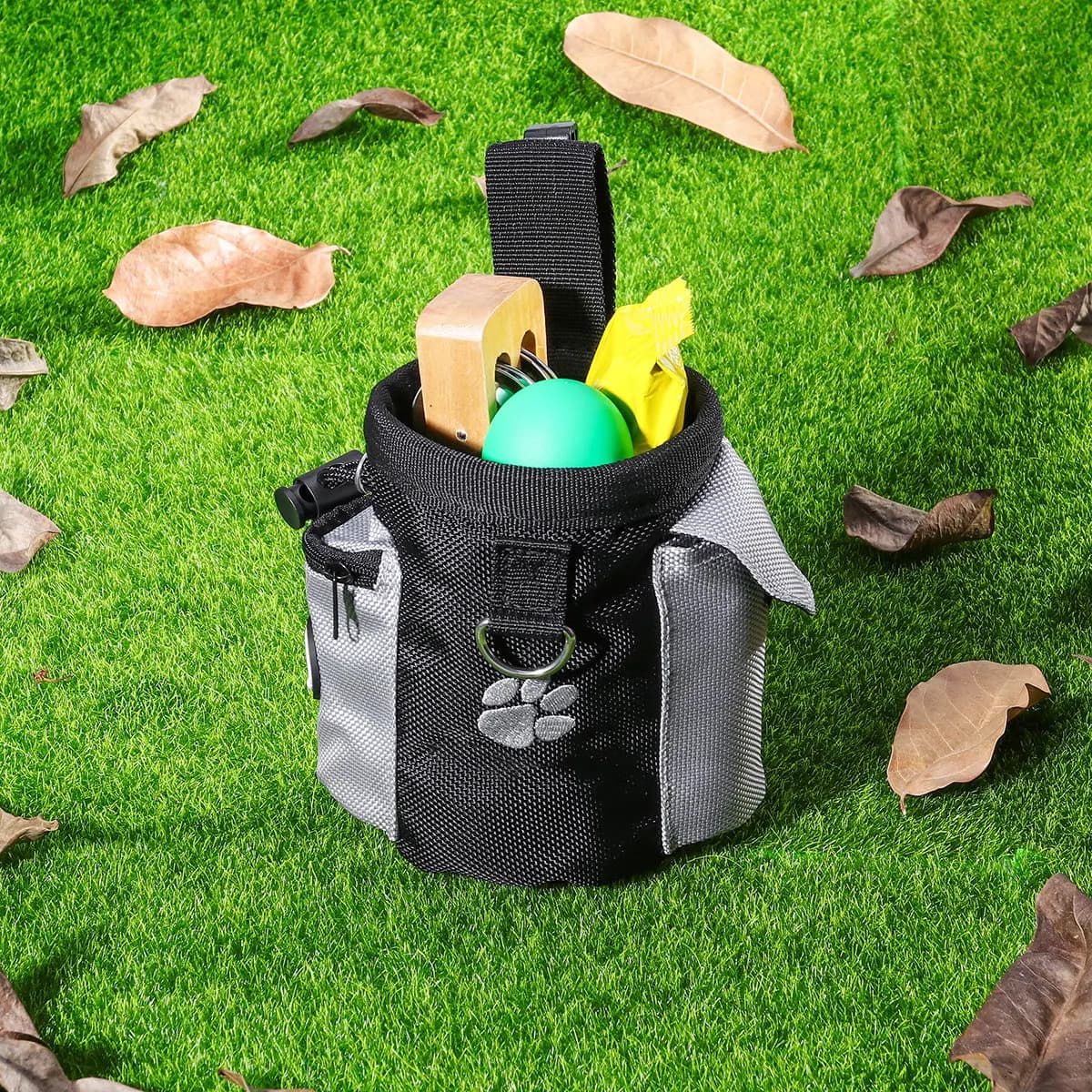 Borsa da addestramento per cani con doppia tasca, sacchetto porta snack con coulisse, porta cellulare e chiavi, porta sacchetti igienici per animali domestici all'aperto
