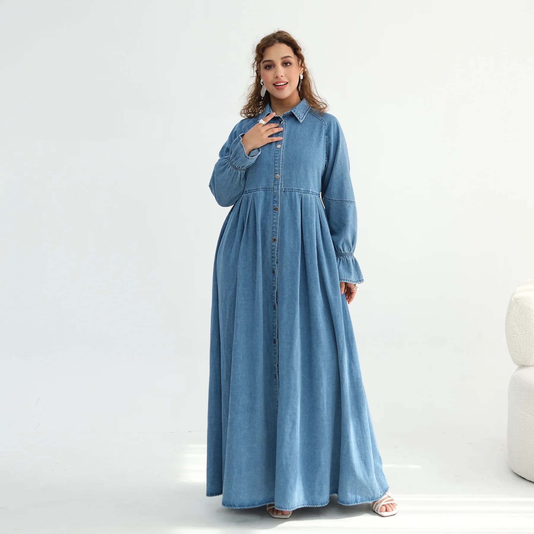 Abaya Eid da Donna in Denim con Bottoni, Kaftan Jalabiya per Feste, Vestito Lungo Musulmano Dubai, Caftano Marocchino, Abito Lungo Ramadan 2026