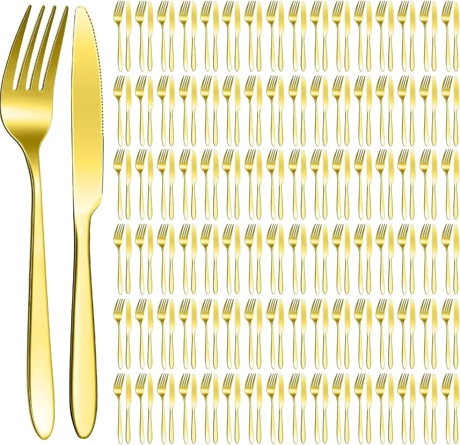 Set di posate in acciaio inossidabile da 100 pezzi: forchette e coltelli, lavabili in lavastoviglie, finitura oro (21,3 cm e 18 cm) per cucina o ristorante