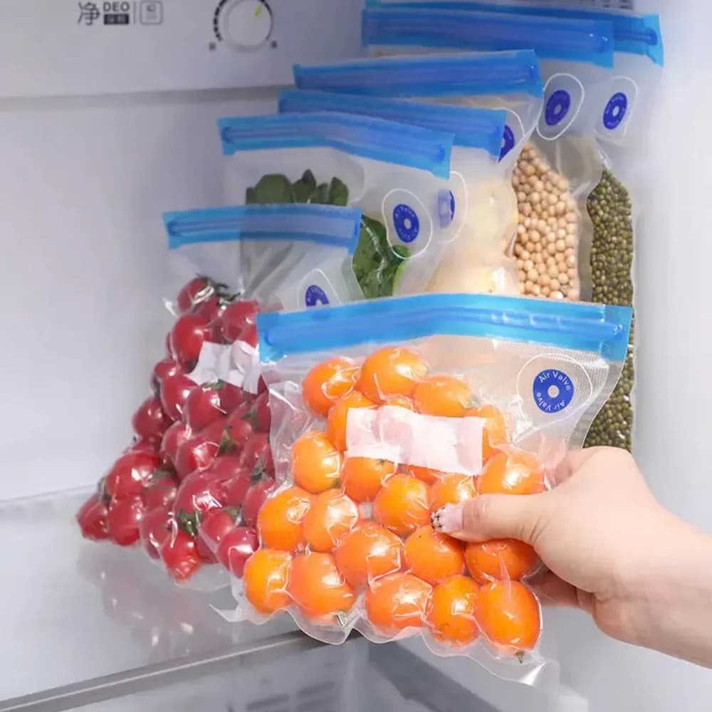 Sacchetti Riutilizzabili per Sottovuoto, Sacchetti per Alimenti con Valvola ad Aria e Pompa, Sacchetti per Conservazione di Verdure, Carne e Snack