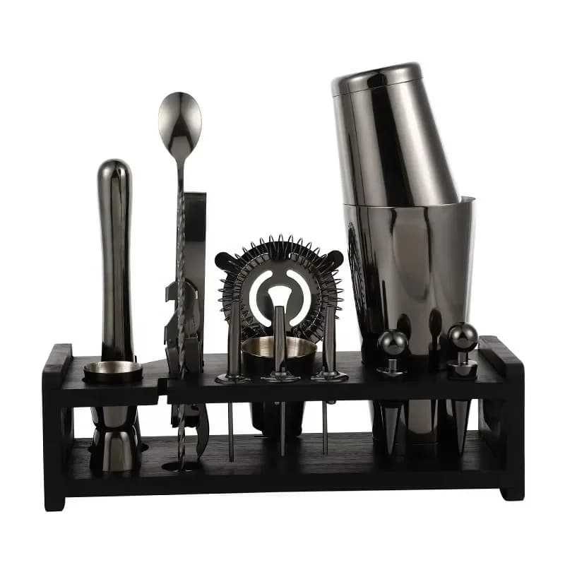 Strumenti professionali per barista Kit per barista Accessori per bar Jigger Set di shaker per cocktail Supporto in legno in acciaio inossidabile