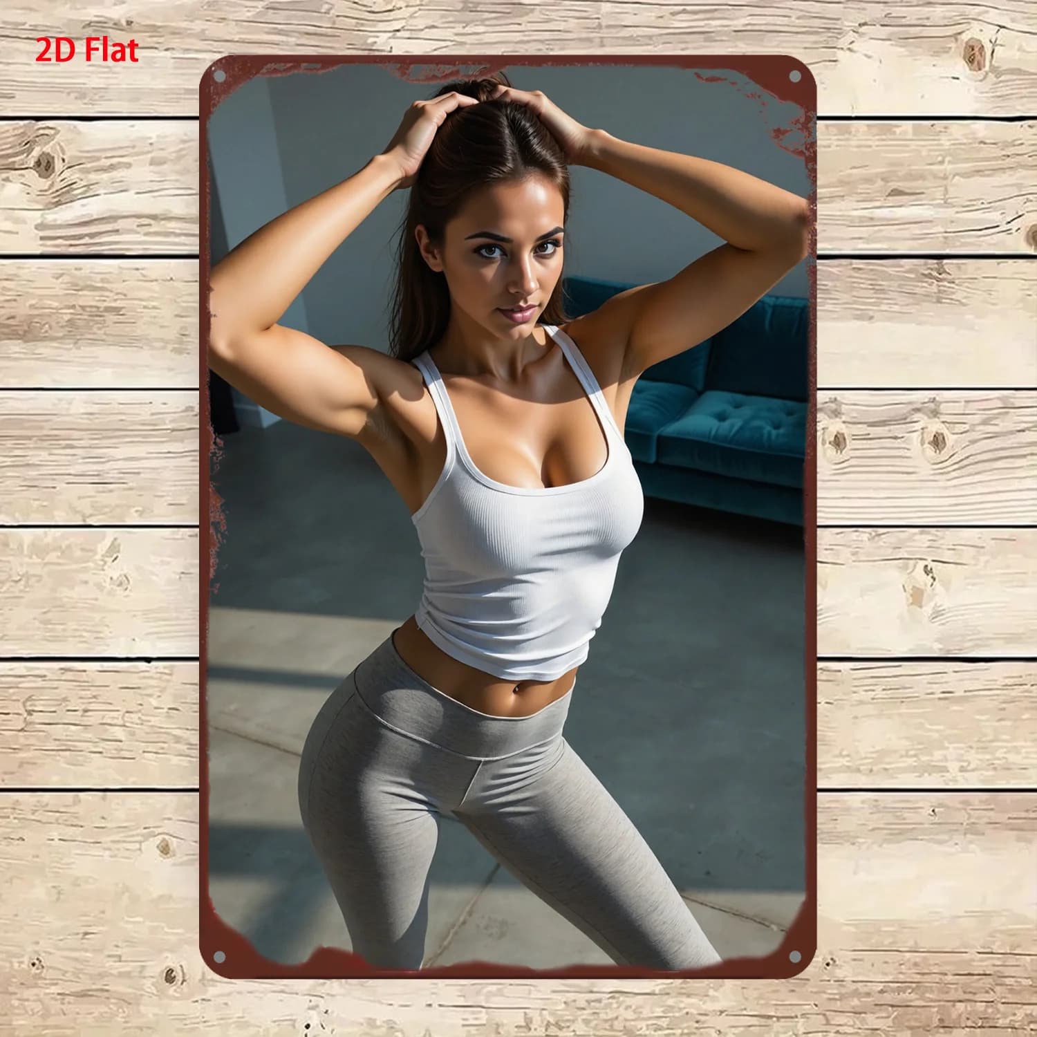 Vintage Metal Tin Sign, Fit Brunette Woman White Tank Top Grey Leggings Indoor Workout Rust Tin Sign
