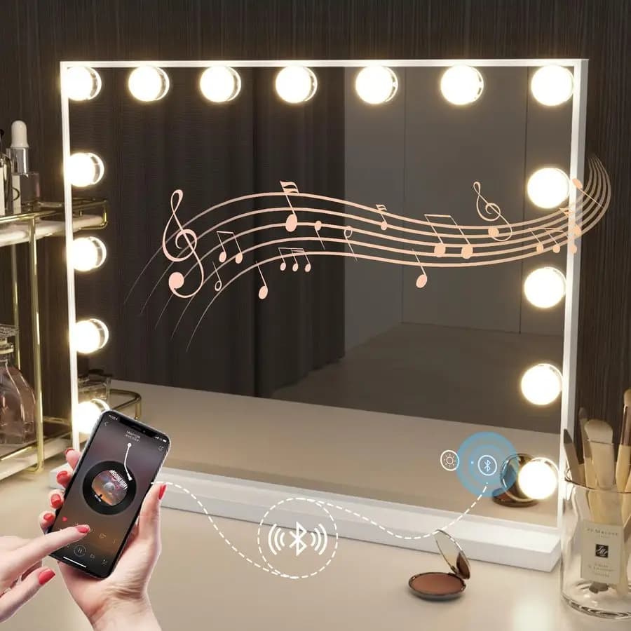 Specchio cosmetico con luci e altoparlante Bluetooth 22.8x18.4 Specchio per trucco illuminato con 15 lampadine a LED Specchio cosmetico Hollywood con 3