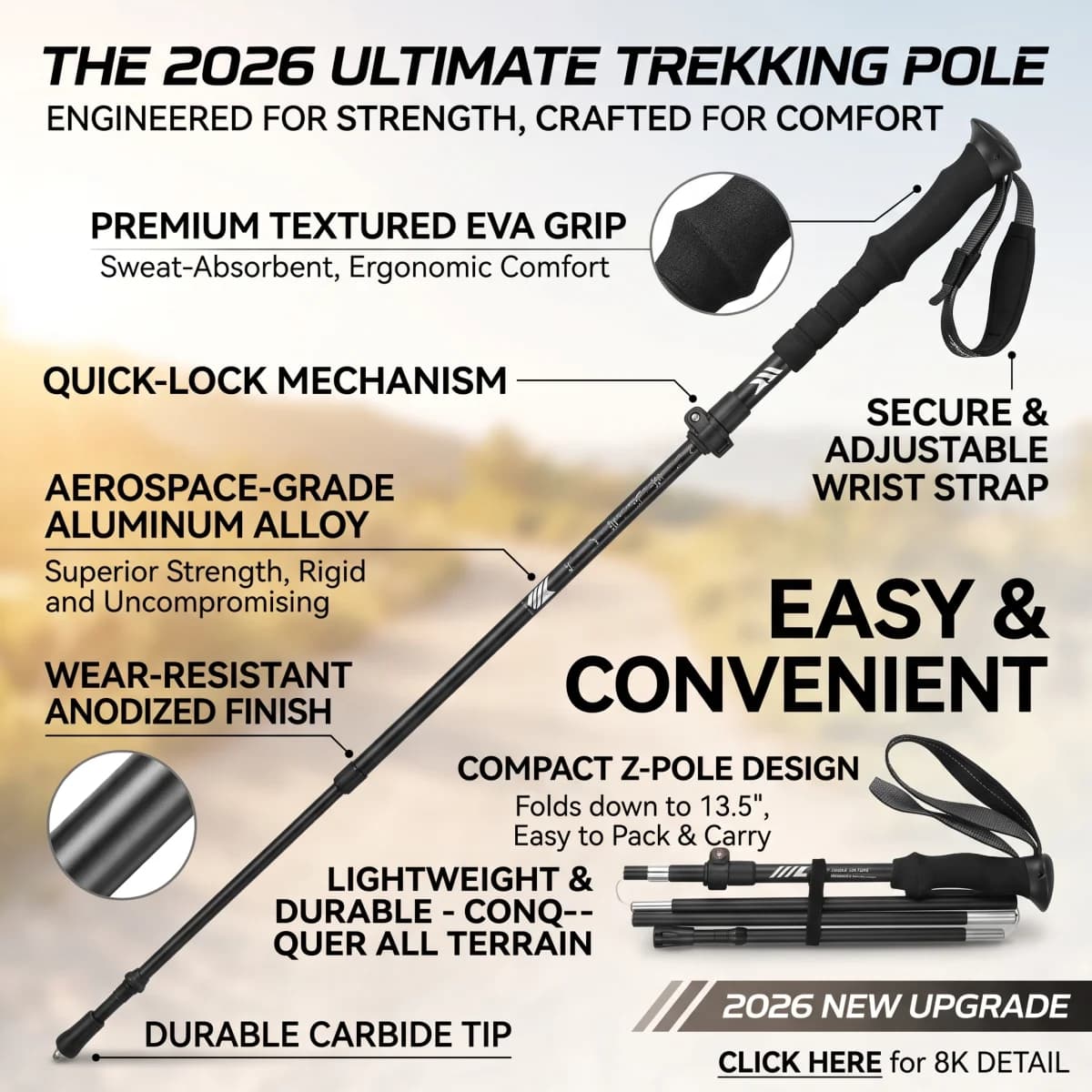 2026 New Upgrade Ultra-Light 7075 Aluminum Alloy Folding Hiking Poles Portable Mountain Climbing Sticks For Outdoor Trekking