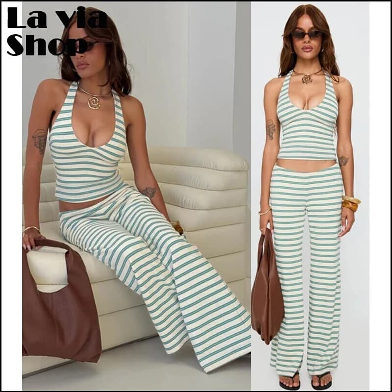 Green Stripe Handbag Store Princess Polly Long Pants Neck Hanging Strap Women's Fashion Set round Neck Short Sleeve Spring Au...