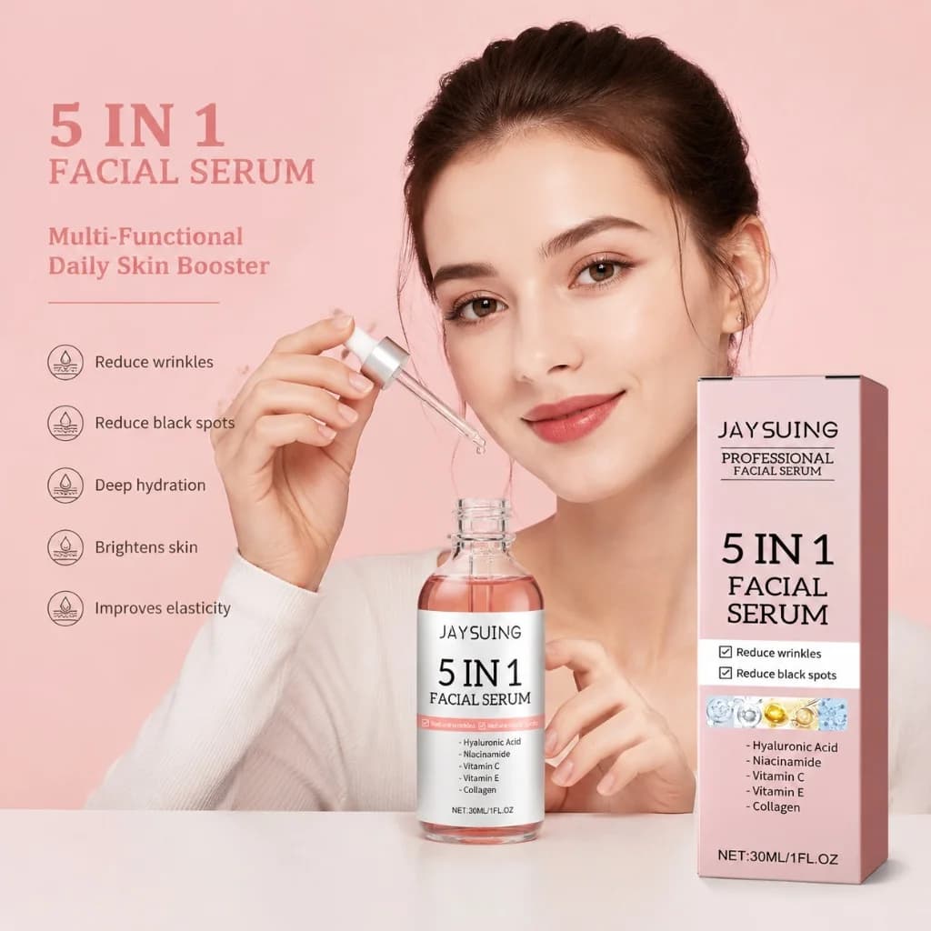 5 In 1 Facial Serum Niacinamide Vitamin C Collagen Hyaluronic Acid Fade Spots Reduce Wrinkles Deep Hydrating Anti-Aging Skin