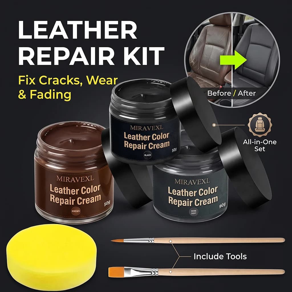 Leather Repair Cream Scratch Filler Recolor Balm for Car Seat Sofa Shoes Jackets Boots Furniture with Brush Sponge, 3 Colors