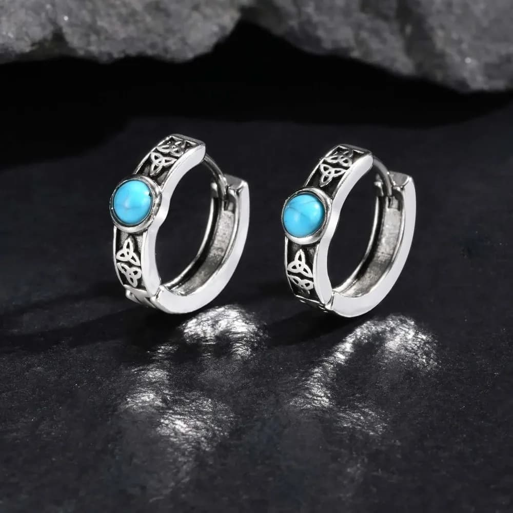 Vintage Celtic Knot Hoop Earrings for Men Boys,Stainless Steel Turquoise Huggies Hoop Earrings,Viking Jewelry Gifts